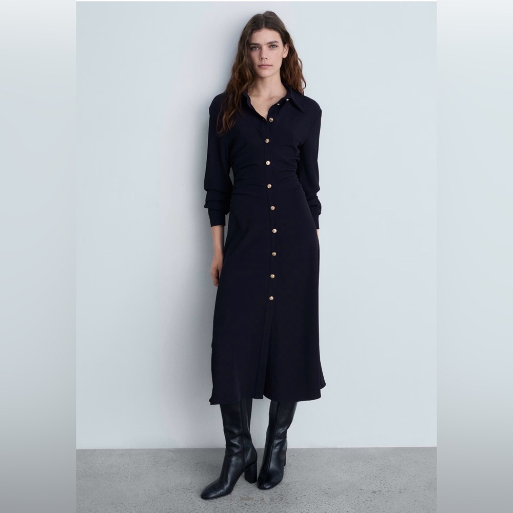 Elegant Dark Navy Button Down Midi Dress Mango Size 4 NWT